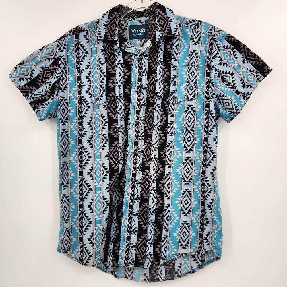 Wrangler Vintage Button Front Shirt Mens Size Medium Aztec Print Blue Black